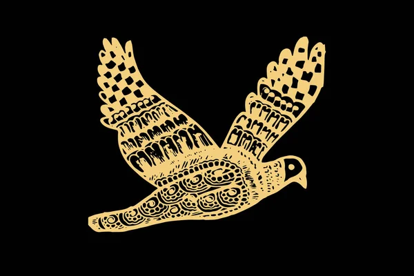 黒の背景に孤立した金の色で鳩を飛ぶためのZentangleアート ベクトル図 — ストックベクタ