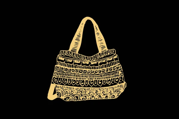 深黑色背景下孤立的金色女子手提包的Zentangle艺术 矢量插图 — 图库矢量图片