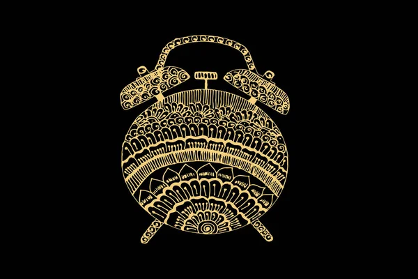 暗い黒の背景に隔離された金の色を持つ目覚まし時計のためのゼンタングルアート ベクトルイラスト — ストックベクタ