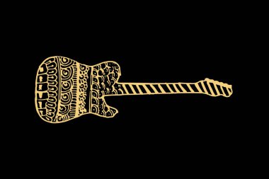 Koyu siyah zemin üzerinde izole edilmiş altın rengi olan Gitar için Zentangle sanatı - vektör illüstrasyonu