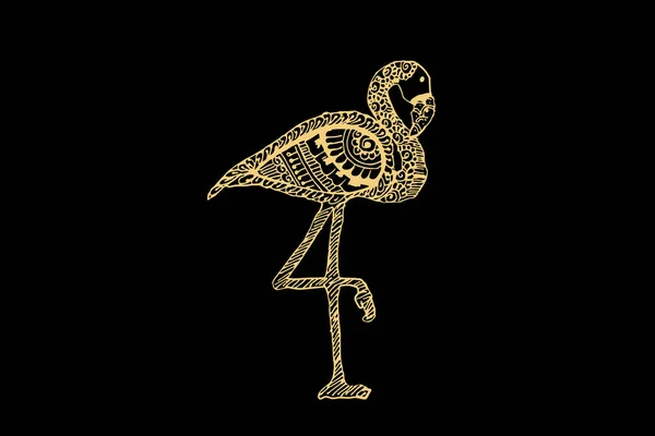 黒い背景に金の色で隔離されたクレーン鳥のためのゼンタングルアート ベクトル図 — ストックベクタ