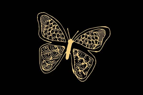 深黑色背景下孤立的金黄色蝴蝶的Zentangle艺术 矢量图解 — 图库矢量图片