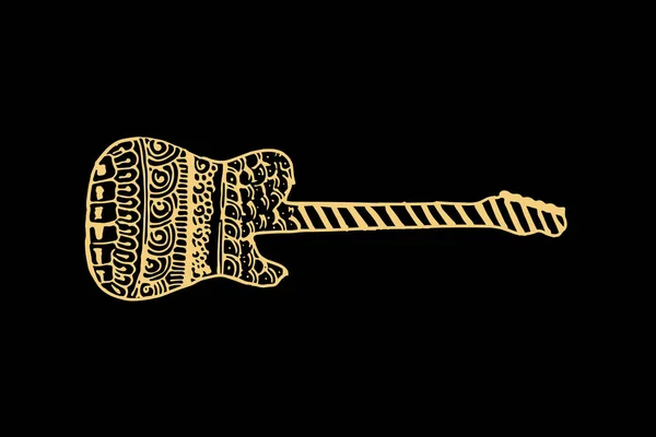 Zentangle Art Für Gitarre Mit Goldfarbe Isoliert Auf Dunkelschwarzem Hintergrund — Stockvektor