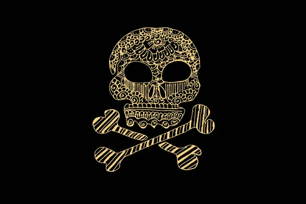 Zentangle Art Skull Bones Gold Colour Isolated Dark Black Background — стоковый вектор
