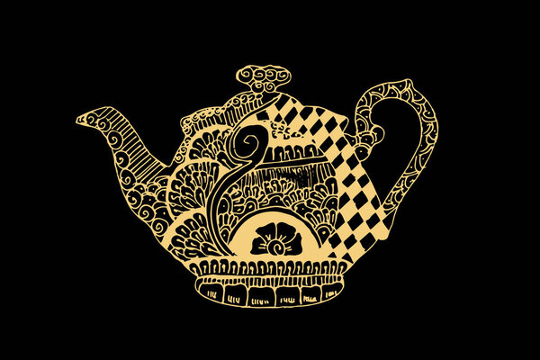 Zentangle art for Tea Pot with gold colour isolated on dark black background - векторная иллюстрация
