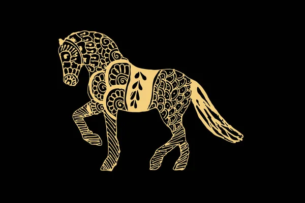 Zentangle Konst För Häst Med Guld Färg Isolerad Mörk Svart — Stock vektor