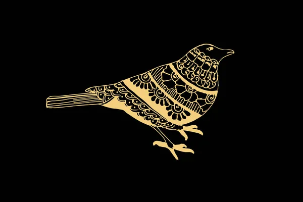 Zentangle Art Sparrow Bird Gold Color Isolated Dark Black Background — Stock Vector