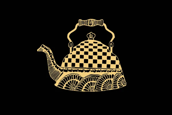 Zentangle Art Für Teekessel Mit Goldener Farbe Isoliert Auf Dunkelschwarzem — Stockvektor