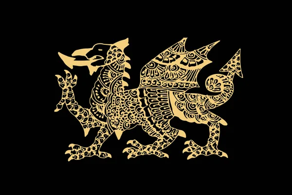 Zentangle Kunst Für Chinesischen Drachen Mit Goldfarbe Isoliert Auf Dunkelschwarzem — Stockvektor