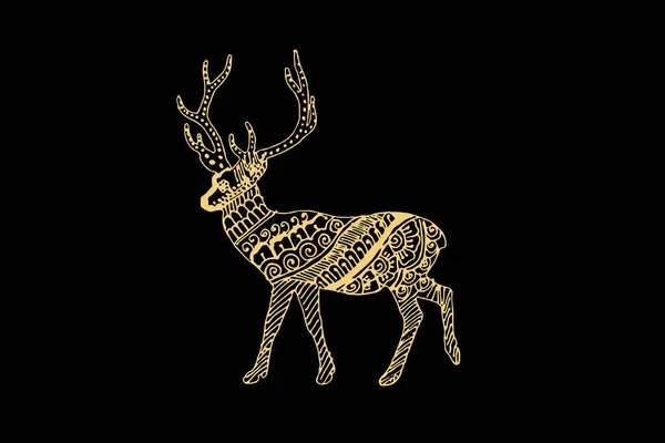 Zentangle Kunst Für Hirsche Mit Goldfarbe Isoliert Auf Dunkelschwarzem Hintergrund — Stockvektor