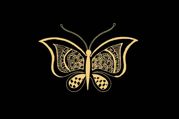 Τέχνη Zentangle Για Πεταλούδα Χρυσό Χρώμα Απομονώνονται Σκούρο Μαύρο Φόντο — Διανυσματικό Αρχείο