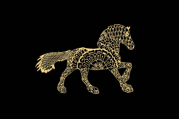 Zentangle Kunst Für Pferd Mit Goldfarbe Isoliert Auf Dunkelschwarzem Hintergrund — Stockvektor