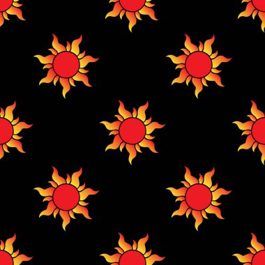 Siyah zemin üzerinde izole edilmiş sarı alevli kırmızı güneş kusursuz desendedir - vektör çizimi