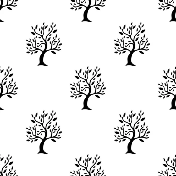 Schwarz Gefärbte Baumsilhouette Isoliert Auf Weißem Hintergrund Ist Nahtlosem Muster — Stockvektor