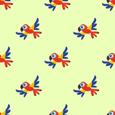 Açık sarı arkaplanda izole edilmiş renkli kuş kusursuz desendedir - vektör illüstrasyonu