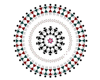 Beyaz arkaplanda izole edilmiş yeşil ve kırmızı kombinasyonlu renkli Warli sanatı - vektör illüstrasyonu
