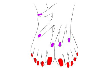 Beyaz arka planda izole edilmiş renkli tırnak cilası çizimiyle el üstünde duran kadın - vektör çizimi