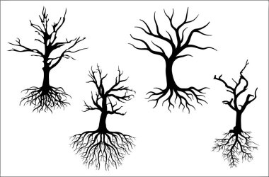 Beyaz arkaplanda izole edilmiş kök siluetleri olan kuru ağaçlar kümesi - vektör illüstrasyonu 