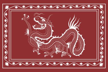 Nilüfer çiçekli güzel Çin ejderhası sınır çizgisi sanatı koyu kahverengi arka planda izole edilmiş - vektör illüstrasyonu 