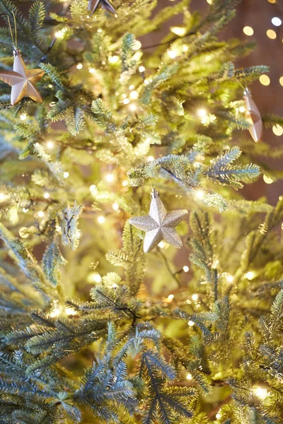 Κοντινό Πλάνο Κλαδιά Χριστουγεννιάτικο Δέντρο Γιρλάντες Του Bokeh Στο Παρασκήνιο — Φωτογραφία Αρχείου