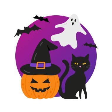 Cadılar bayramı arkaplanı şirinmiş. Cadı şapkalı balkabağı, siyah kedi ve hayalet afişi.