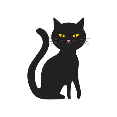 Kara kedi vektör çizimi. Şirin, ürkütücü cadılar bayramı cadı kedisi oturma ikonu.