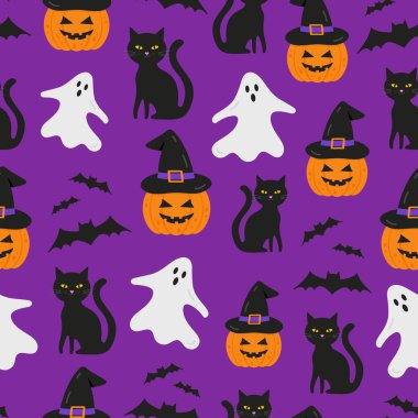 Tatlı cadılar bayramı arkaplanı kusursuz desen. Cadı şapkalı balkabağı, siyah kedi, hayalet ve mor arka planda yarasalar.. 