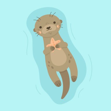 Pençe vektör illüstrasyonunda deniz yıldızı tutan sevimli su samuru. Su üzerinde yüzen su samuru karakteri, mavi arka planda izole edilmiş..