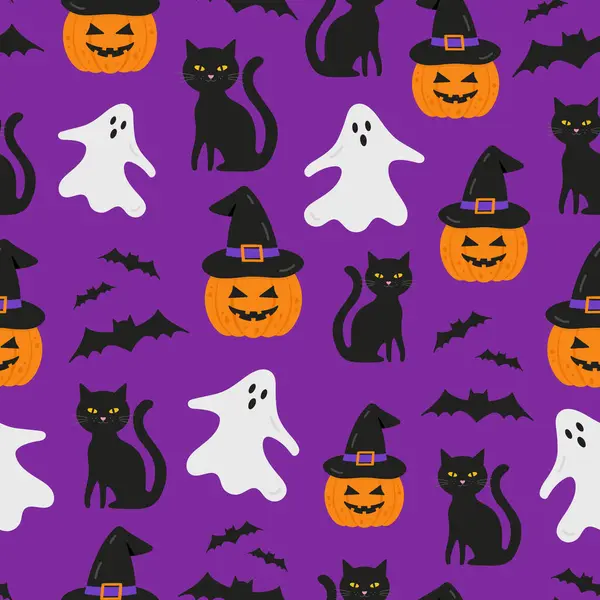 Tatlı cadılar bayramı arkaplanı kusursuz desen. Cadı şapkalı balkabağı, siyah kedi, hayalet ve mor arka planda yarasalar.. 