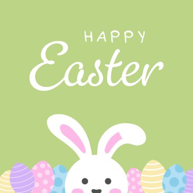Yumurtalı mutlu paskalya tavşanı, yumurta avlayan paskalya tavşanı vektör çizimi, pastel yeşil arka planda izole edilmiş..