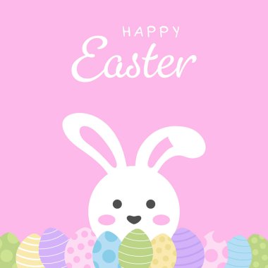 Yumurtalı mutlu paskalya tavşanı, yumurta avlayan paskalya tavşanı çizimi, pastel pembe arka planda izole edilmiş..