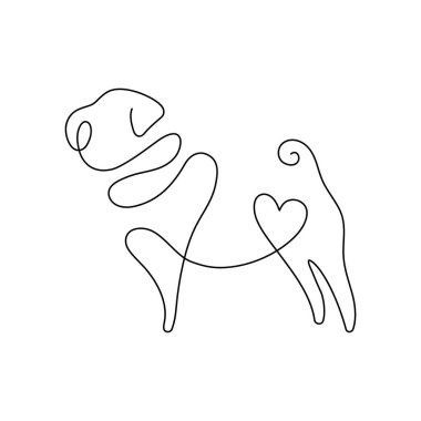 Bir çizgi pug dog silueti. Pug dog el çizimi minimalizm stili vektör çizimi tasarımı.