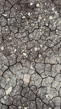 A close-up view of cracked, dry earth with small rocks scattered across the surface. The texture and patterns highlight the effects of drought and natural weathering, creating an abstract, rugged scene clipart