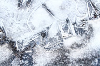 Chunks of cracked ice closeup. Broken ice on the lake. Pieces of ice close up
