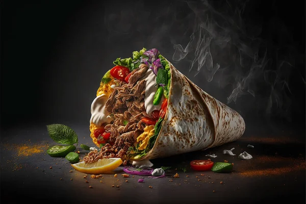 Türk fast food lezzetli ev yapımı shawarma. Kesme tahtasına tavuk ve sebzeyle dürüm sarılmış, koyu bir arka plan, Meksika shawarması.