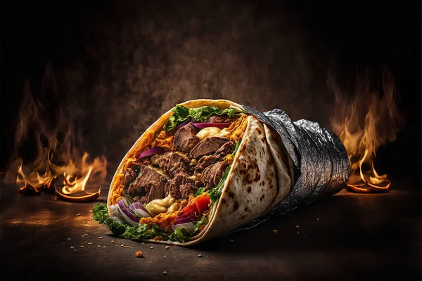 Türk fast food lezzetli ev yapımı shawarma. Kesme tahtasına tavuk ve sebzeyle dürüm sarılmış, koyu bir arka plan, Meksika shawarması.