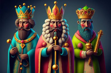 Illustration of isolated three kings men wearing traditional colorful tunics and beautiful crowns while holding wands and gifts. January 6th Kings day concept.