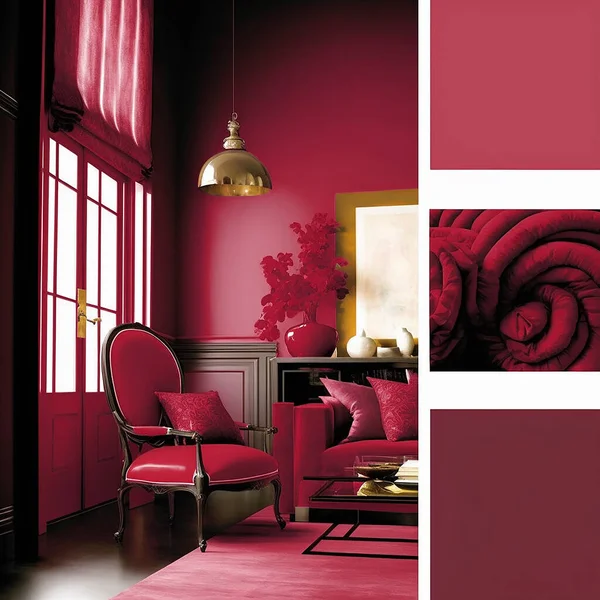 living room interior on Trendy Pantone 18-1750 viva magenta color., monochrome background. Color of the year 2023.