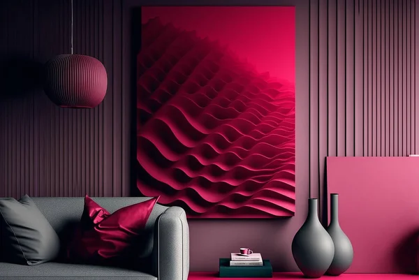 3d rendering living room interior on Trendy Pantone 18-1750 viva magenta color., monochrome background. Color of the year 2023.