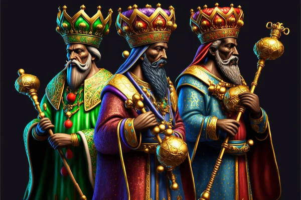 Illustration of isolated three kings men wearing traditional colorful tunics and beautiful crowns while holding wands and gifts. January 6th Kings day concept.