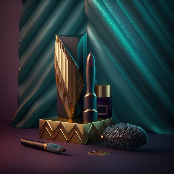 Colorful art deco set of natural cosmetic products on color background, product photography, copy space