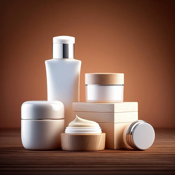 Stunning art deco set of natural white cosmetic products on brown color background, studio product photography, copy space.