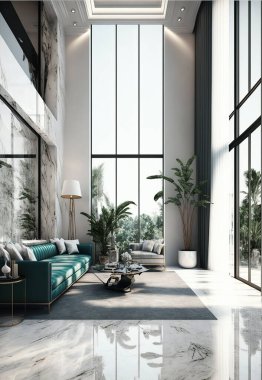 Living room interior design of luxury Lavish apartment with marble floor, high ceilings and high glass windows. Art deco concept.