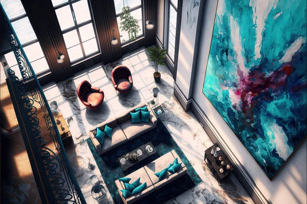 Top view interior design of luxury Lavish apartment with marble floor, high ceilings and high glass windows. Art deco concept.
