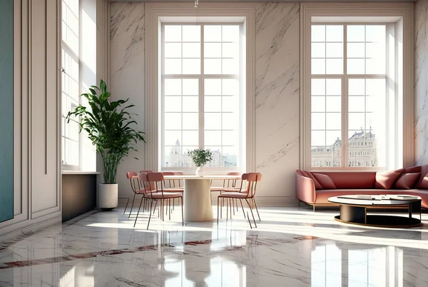 Living room interior design of luxury Lavish apartment with marble floor, high ceilings and high glass windows. Art deco concept.