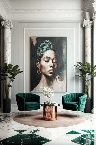 Living room interior design of luxury Lavish apartment with marble floor, high ceilings and high glass windows. Art deco concept.