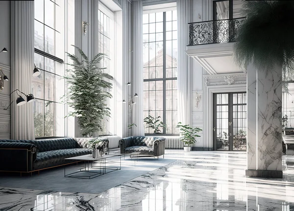 Living room interior design of luxury Lavish apartment with marble floor, high ceilings and high glass windows. Art deco concept.