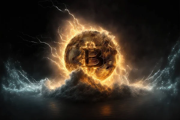 Epic flaming bitcoin coin rising from a raging sea full of waves. Bitcoin digital currency blockchain concept. Financial Freedom concept.