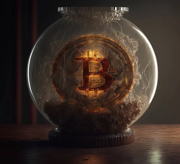 Bitcoin digital currency blockchain concept on a wooden background in a transparent box. Financial freedom concept.