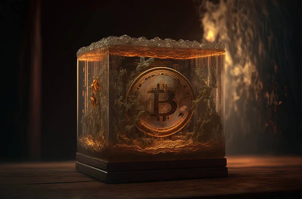 Bitcoin digital currency blockchain concept on a wooden background in a transparent box. Financial freedom concept.